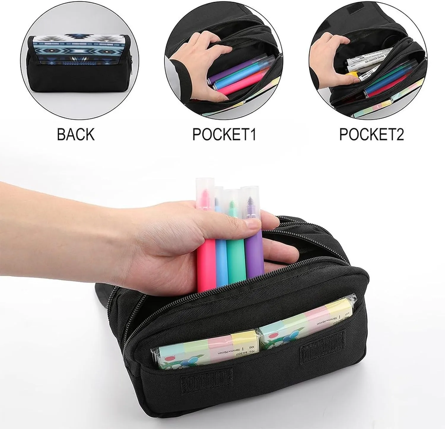 Colorful Surf Blue Colors Tribal Navajo Pattern Aztec Abstract Geometric Ethnic Hipster Design Double Layer Zippered Pencil Case for Large Capacity Office Stationery Bag