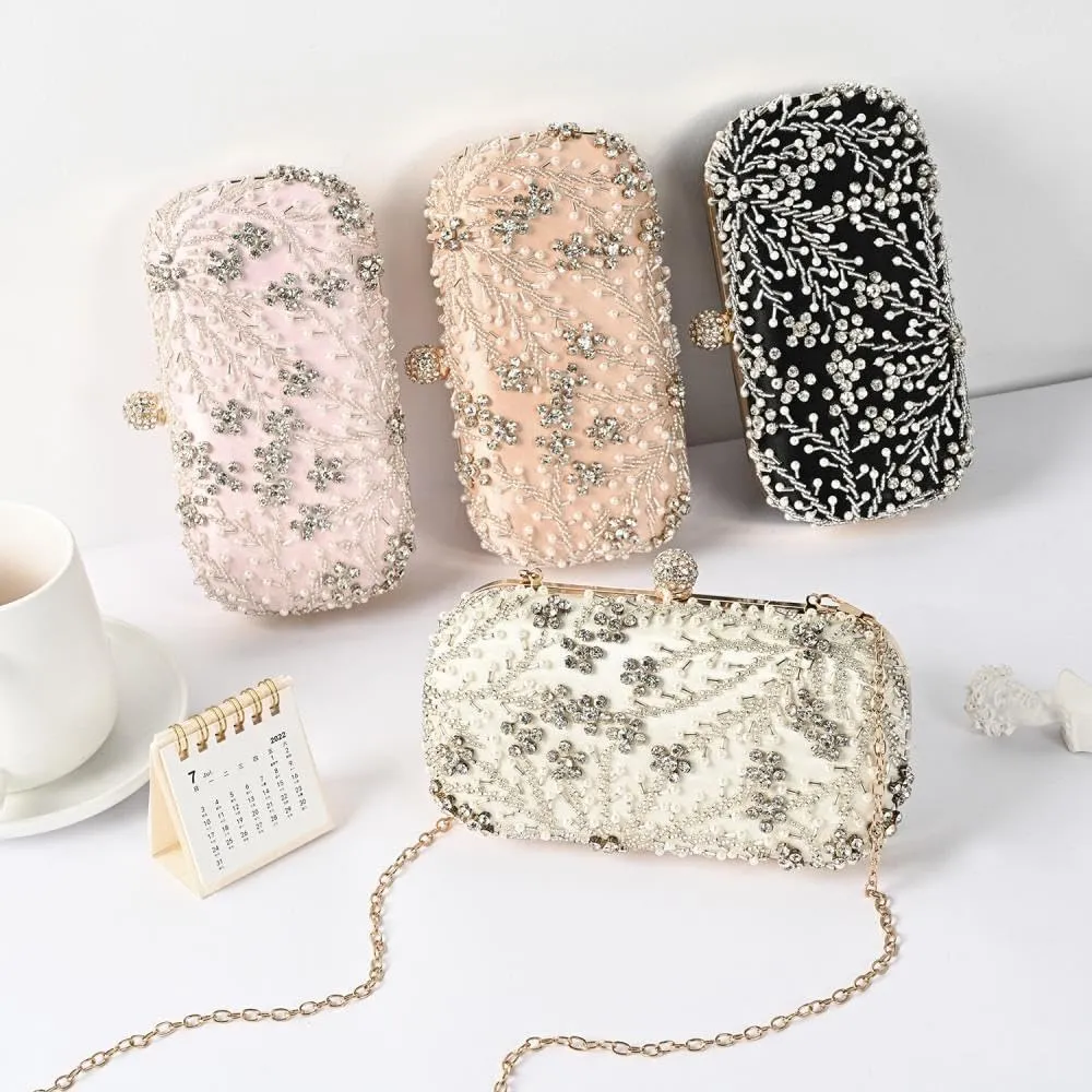 Comeon Women Rhinestone Clutch Evening Bags Pearl Clutch Purse Wedding Prom Purse Formal Cocktail Party Handbag