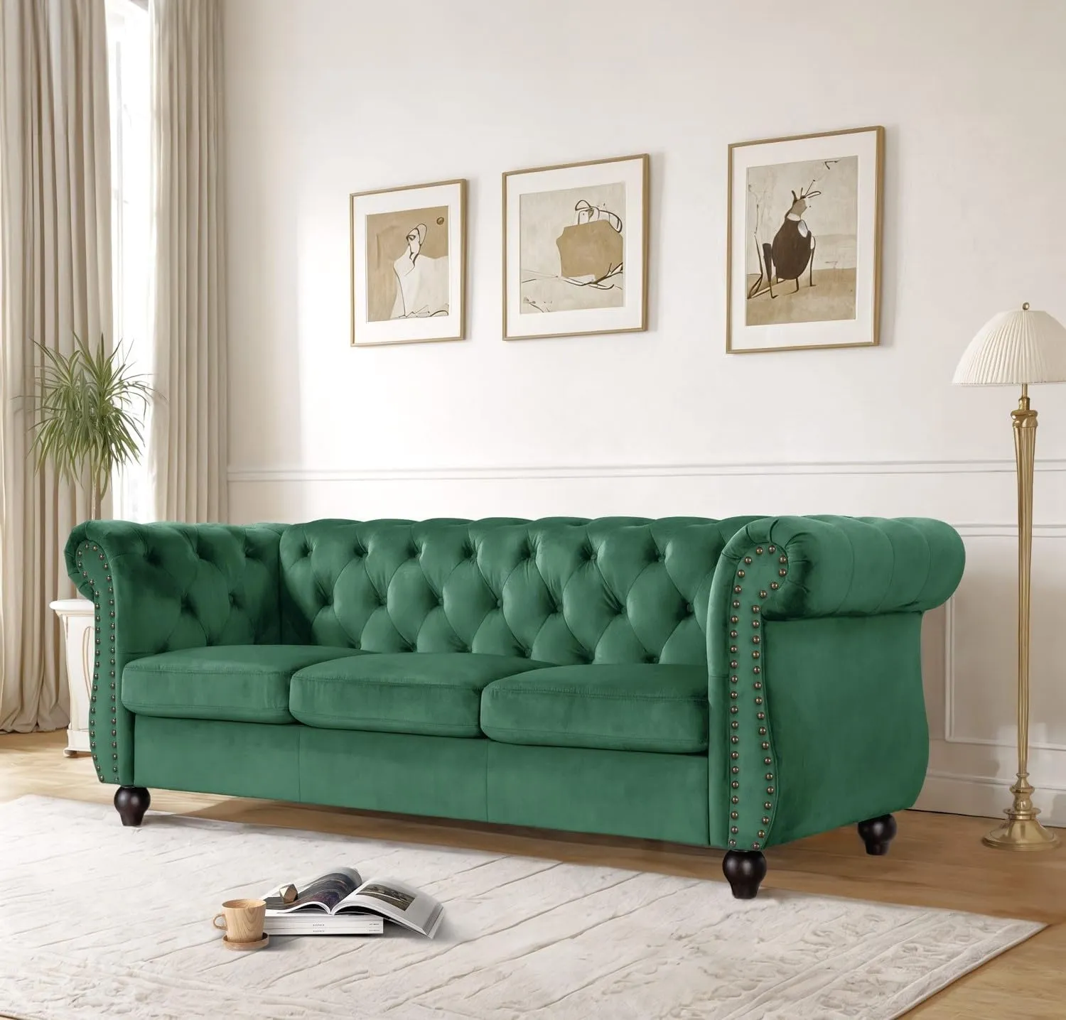 Container Furniture Velvet Chesterfield Couch, Button-Tufted Backrest, Rolled Arms, High-Density Foam with Spring Support, Elegant Accent Piece, Sofa, Green