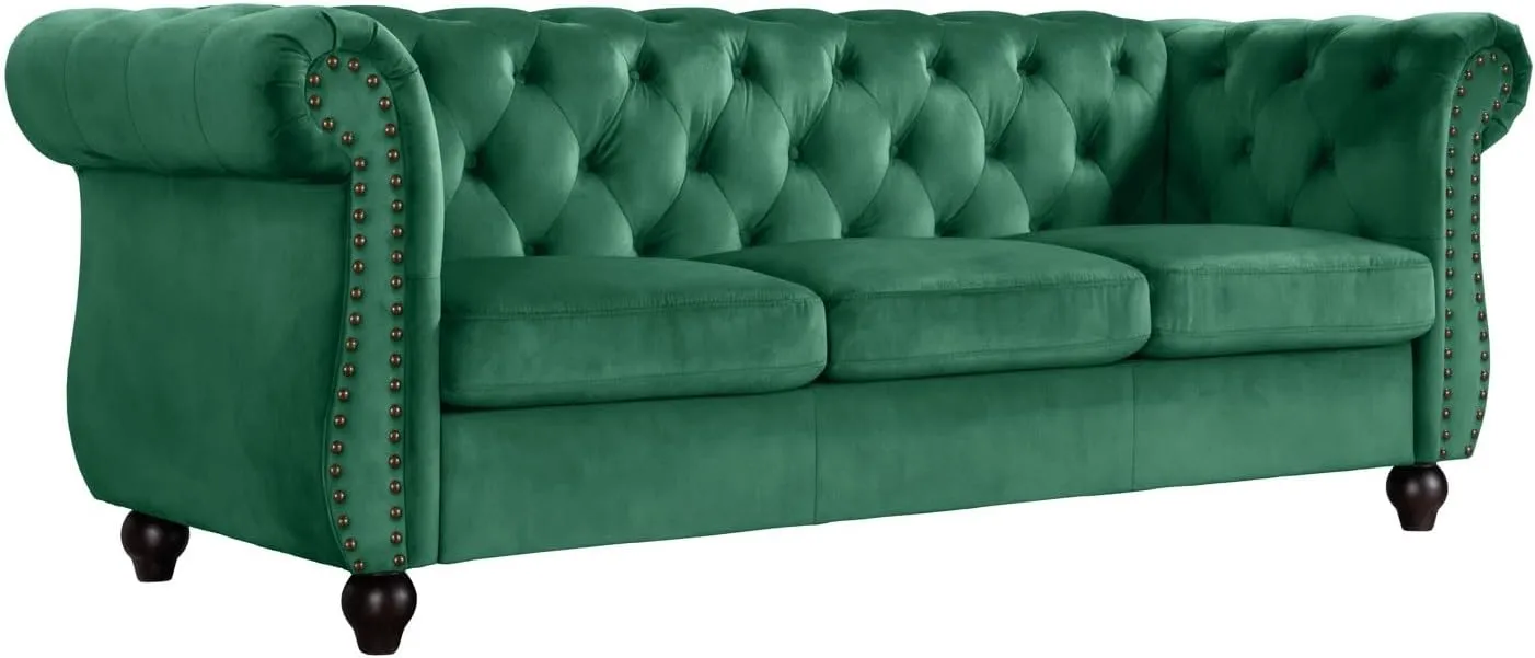 Container Furniture Velvet Chesterfield Couch, Button-Tufted Backrest, Rolled Arms, High-Density Foam with Spring Support, Elegant Accent Piece, Sofa, Green