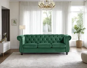 Container Furniture Velvet Chesterfield Couch, Button-Tufted Backrest, Rolled Arms, High-Density Foam with Spring Support, Elegant Accent Piece, Sofa, Green