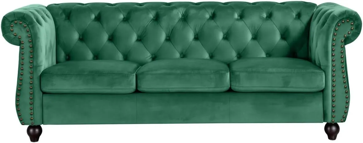Container Furniture Velvet Chesterfield Couch, Button-Tufted Backrest, Rolled Arms, High-Density Foam with Spring Support, Elegant Accent Piece, Sofa, Green