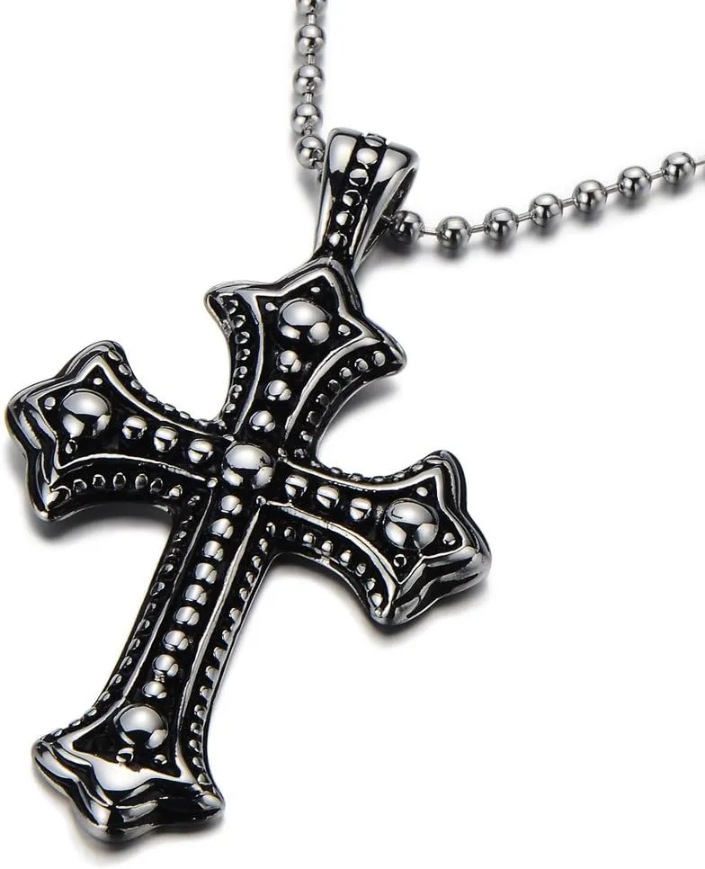 COOLSTEELANDBEYOND Gothic Vintage Cross Pendant Necklace Stainless Steel Unisex Silver Black Two-tone 23.6 in Ball Chain