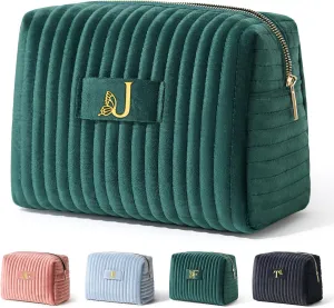 COSHAYSOO Travel Makeup Bag Quilted Make Up Pouch Initial Cosmetic Case with Butterfly Decorations for Women Compact Mirror Traveling Size Beauty Tools Accessories Organizer Green Velvet Letter J