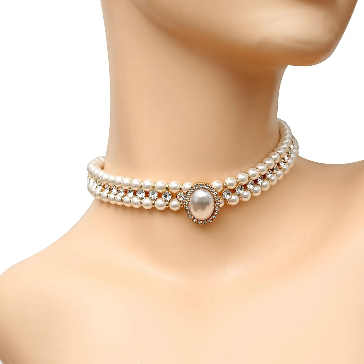 Costume Layered Twisted Gold Pearl Necklace Choker Chunky Glass Statement Pearl Necklace and Earring set, good gift for women Faux pearl necklace set imitation pearl necklace and earring