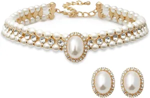 Costume Layered Twisted Gold Pearl Necklace Choker Chunky Glass Statement Pearl Necklace and Earring set, good gift for women Faux pearl necklace set imitation pearl necklace and earring