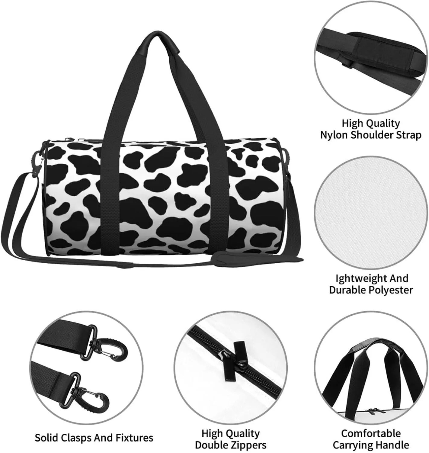 Cow Hide Holstein Cattle Texture Cow Skin Round Travel Duffel Bag Large Capacity Gym Sports Bags for Hiking Vacation Trips