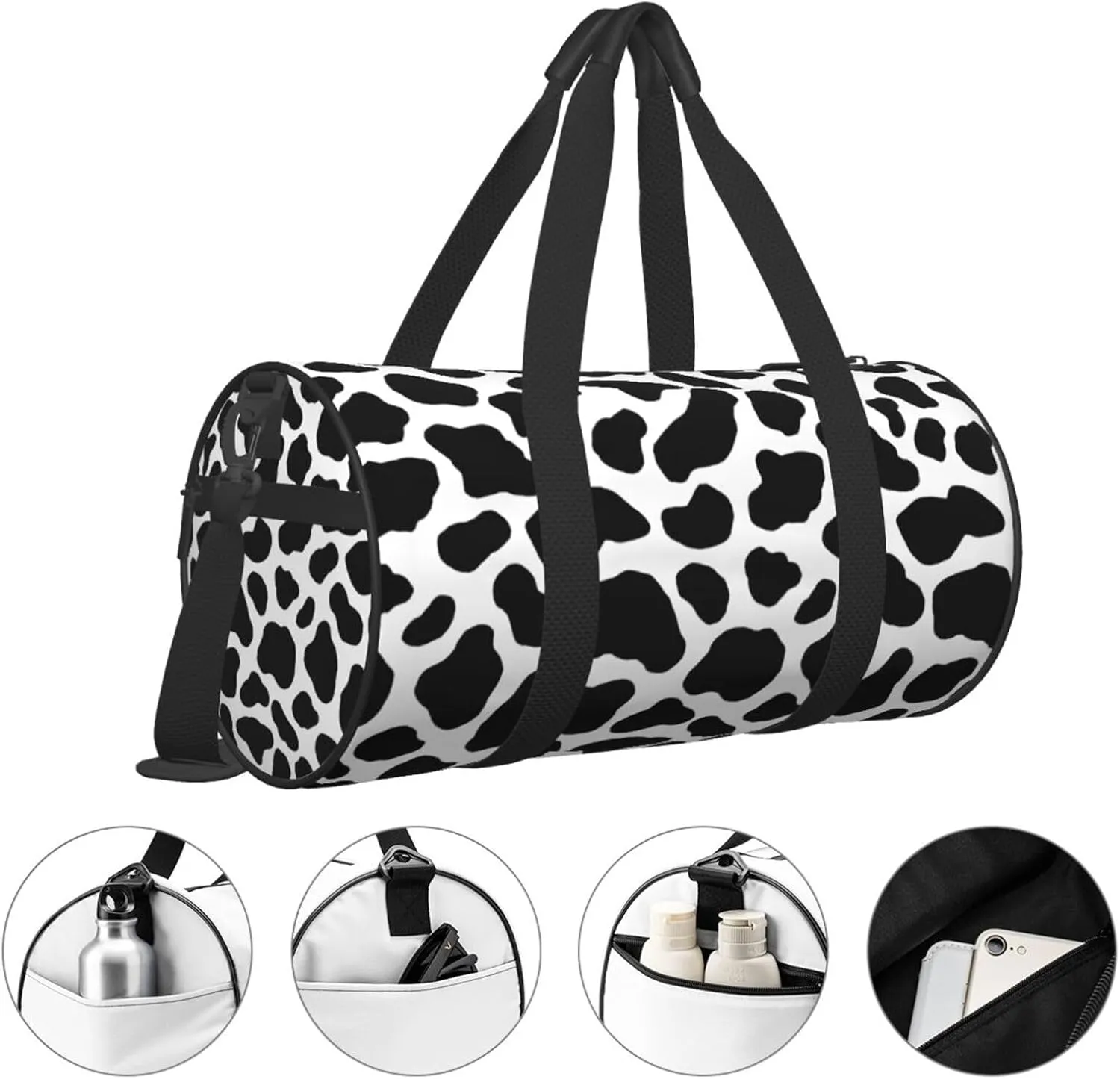 Cow Hide Holstein Cattle Texture Cow Skin Round Travel Duffel Bag Large Capacity Gym Sports Bags for Hiking Vacation Trips