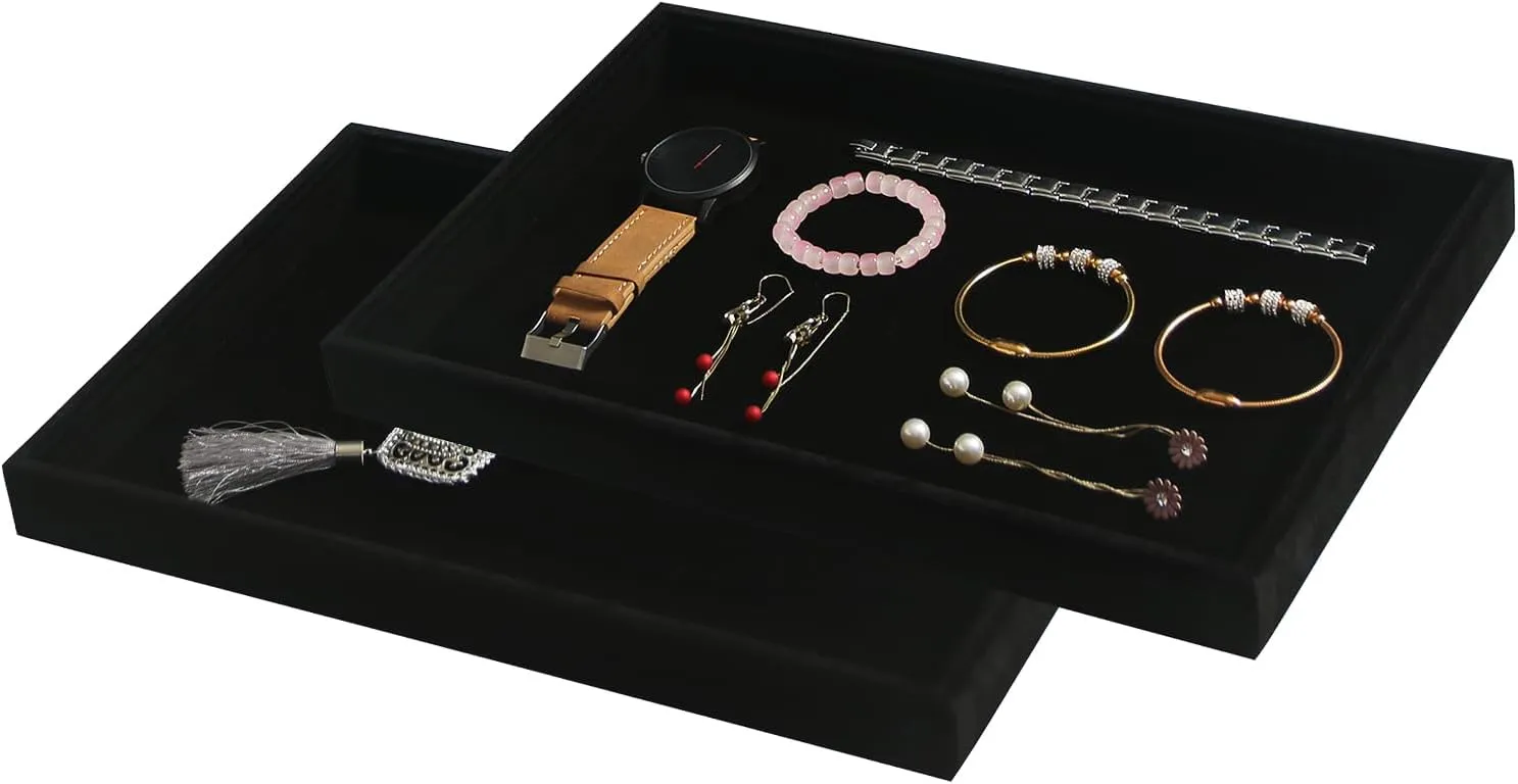 Coward 2Pcs/Set Black Velvet Stackable Jewerlry Organizer Tray Velvet Blank Tray Holder for Beads Bracelets Necklaces Earrings Store Selling or Home Show