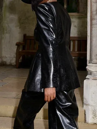 Crocodile-Embossed Faux Leather Suit | Bold Black | Power Dressing