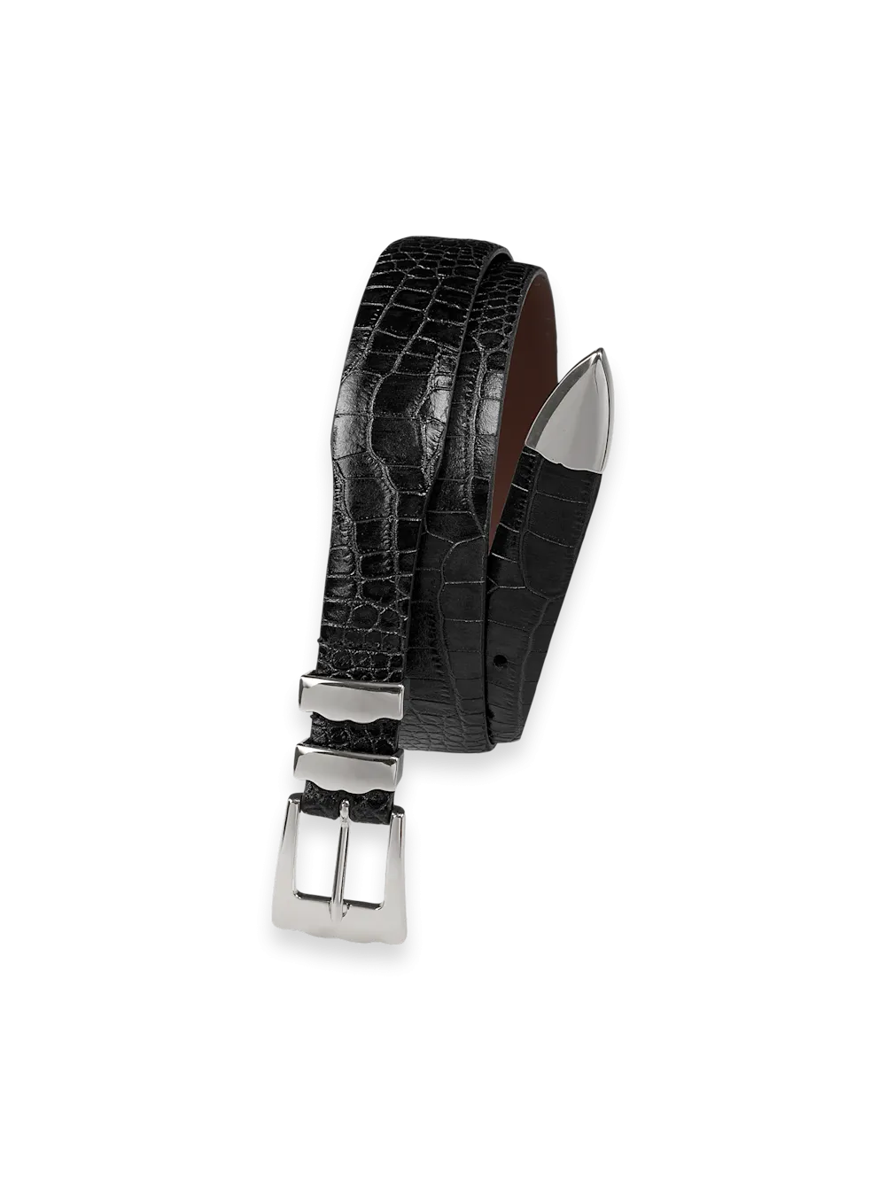 Crocodile Embossed with Metal Keeper & Tip Belt - Black