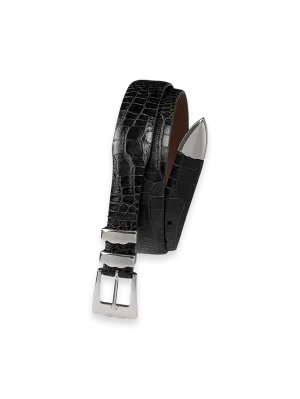 Crocodile Embossed with Metal Keeper & Tip Belt - Black