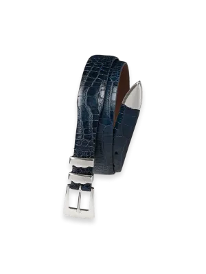 Crocodile Embossed with Metal Keeper & Tip Belt - Navy