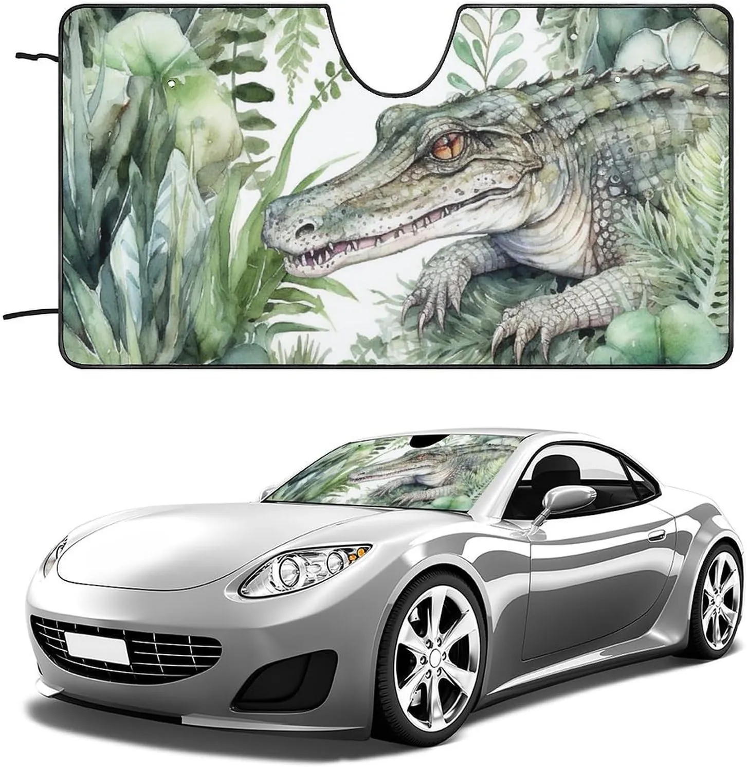 Crocodile Green Windshield Sun Shade Universal Foldable Car Shades for Front Windows Reflective Windshield Cover Sun Shade Auto Sun Visor Protector Blocks UV Rays & Keeps Vehicle Cool 55"x30"