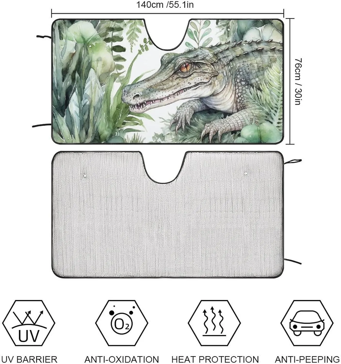 Crocodile Green Windshield Sun Shade Universal Foldable Car Shades for Front Windows Reflective Windshield Cover Sun Shade Auto Sun Visor Protector Blocks UV Rays & Keeps Vehicle Cool 55"x30"