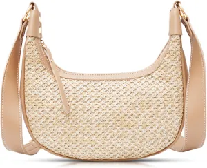 Crossbody Bag for Women, Straw Beach Bag, Hand-Woven Bags, Interchangeable Leather Shoulder Straps, Shoulder Bag Suitable for Vacation Travel Daily(Khaki)