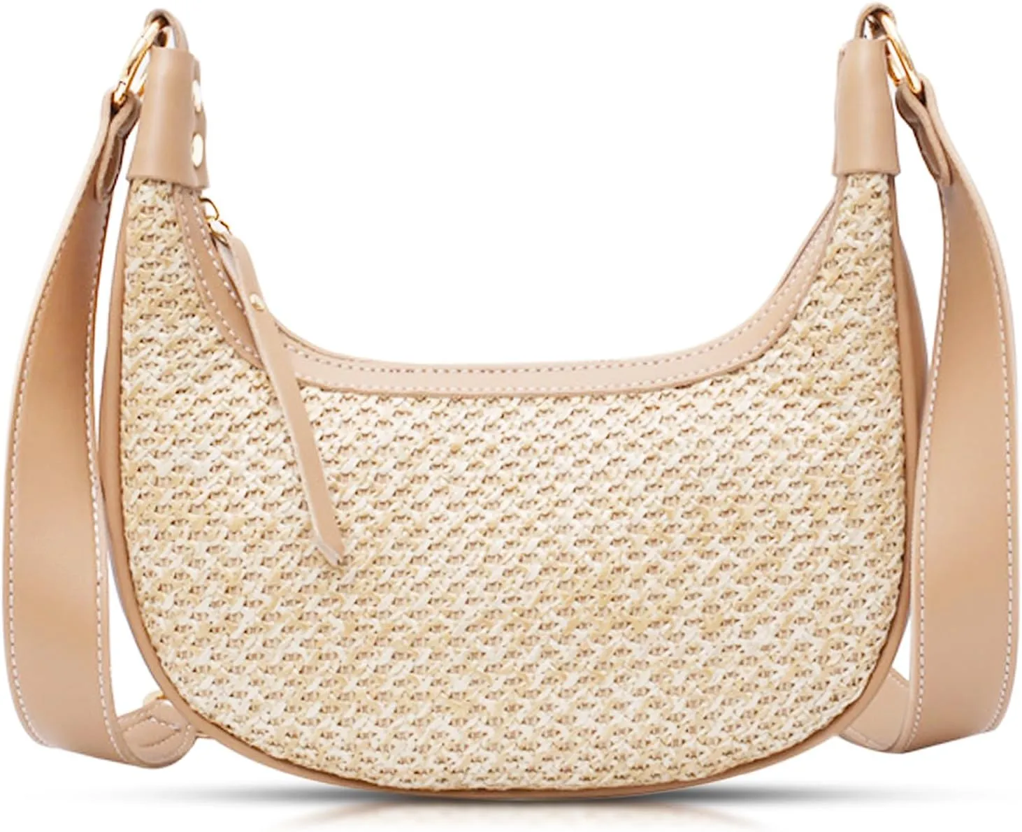Crossbody Bag for Women, Straw Beach Bag, Hand-Woven Bags, Interchangeable Leather Shoulder Straps, Shoulder Bag Suitable for Vacation Travel Daily(Khaki)