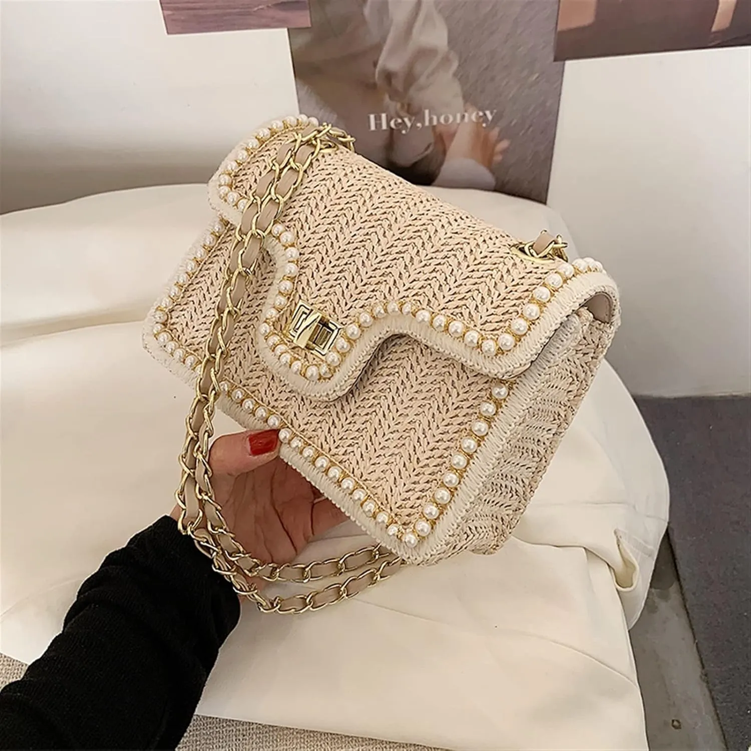 Crossbody Bag Summer Handbag Straw Pearl Women Handbag Pearl Chain Shoulder Bag Handbag