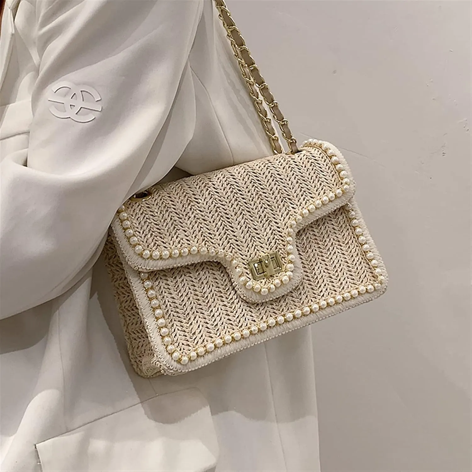 Crossbody Bag Summer Handbag Straw Pearl Women Handbag Pearl Chain Shoulder Bag Handbag