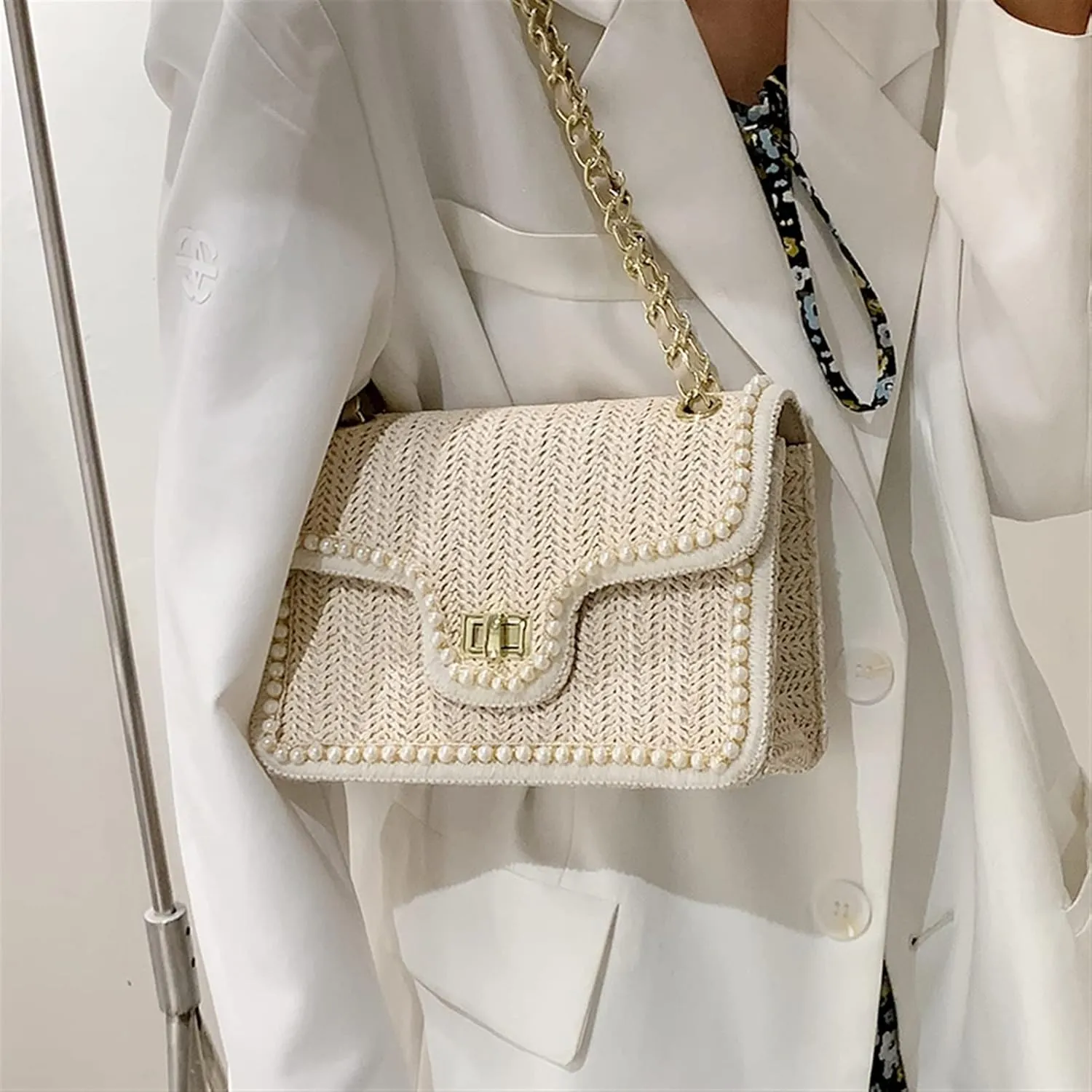 Crossbody Bag Summer Handbag Straw Pearl Women Handbag Pearl Chain Shoulder Bag Handbag