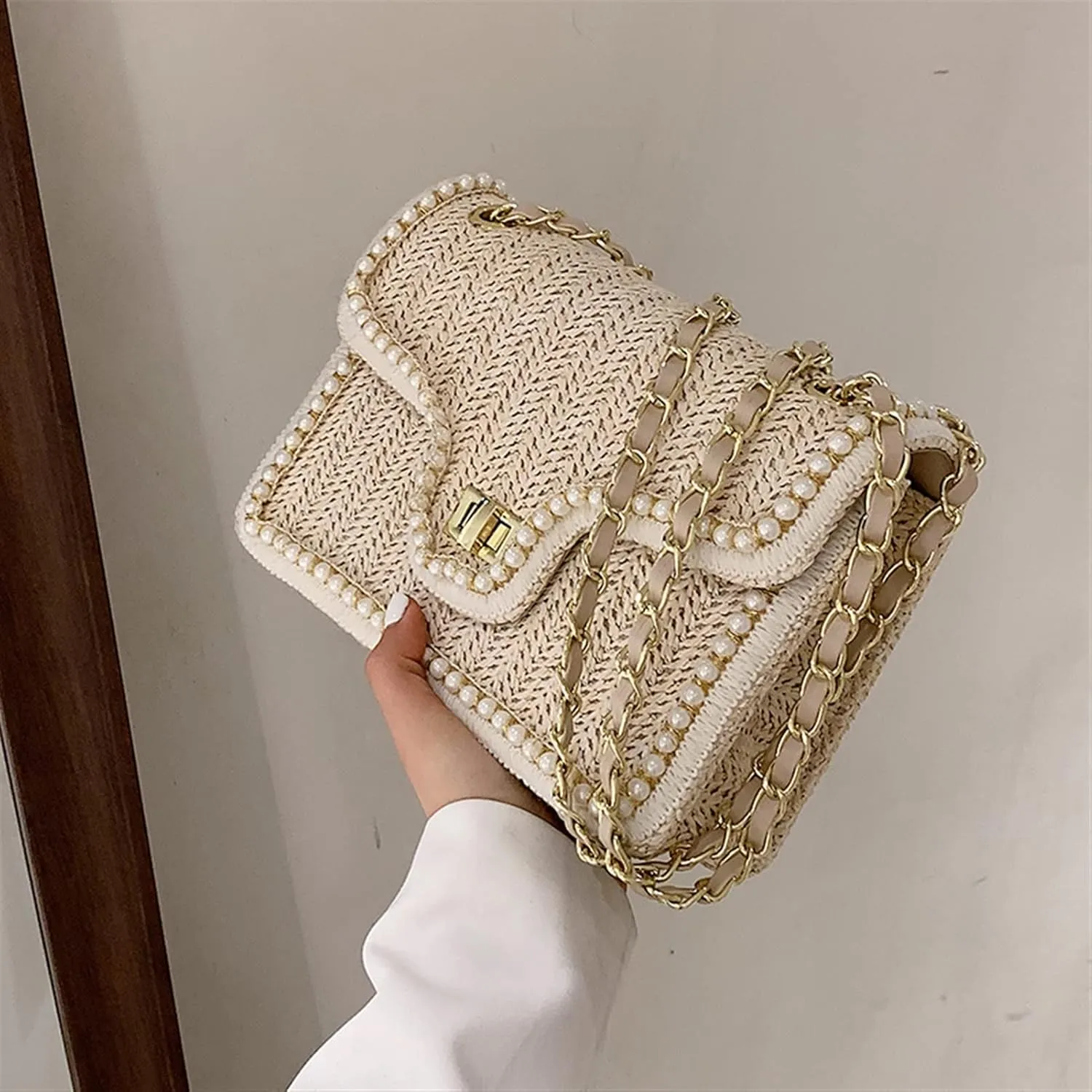 Crossbody Bag Summer Handbag Straw Pearl Women Handbag Pearl Chain Shoulder Bag Handbag