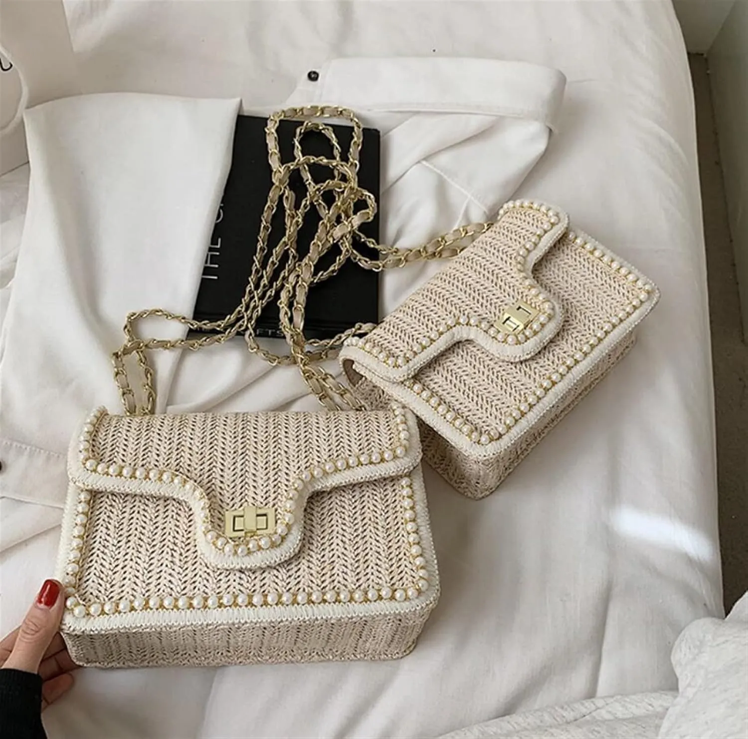 Crossbody Bag Summer Handbag Straw Pearl Women Handbag Pearl Chain Shoulder Bag Handbag