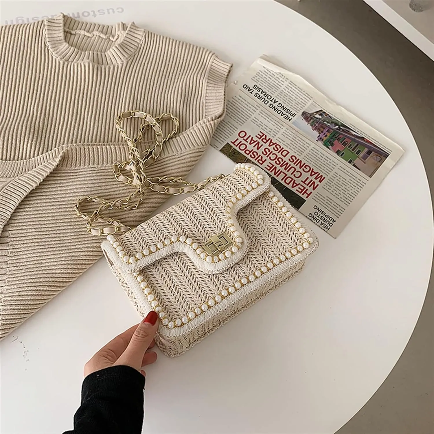Crossbody Bag Summer Handbag Straw Pearl Women Handbag Pearl Chain Shoulder Bag Handbag