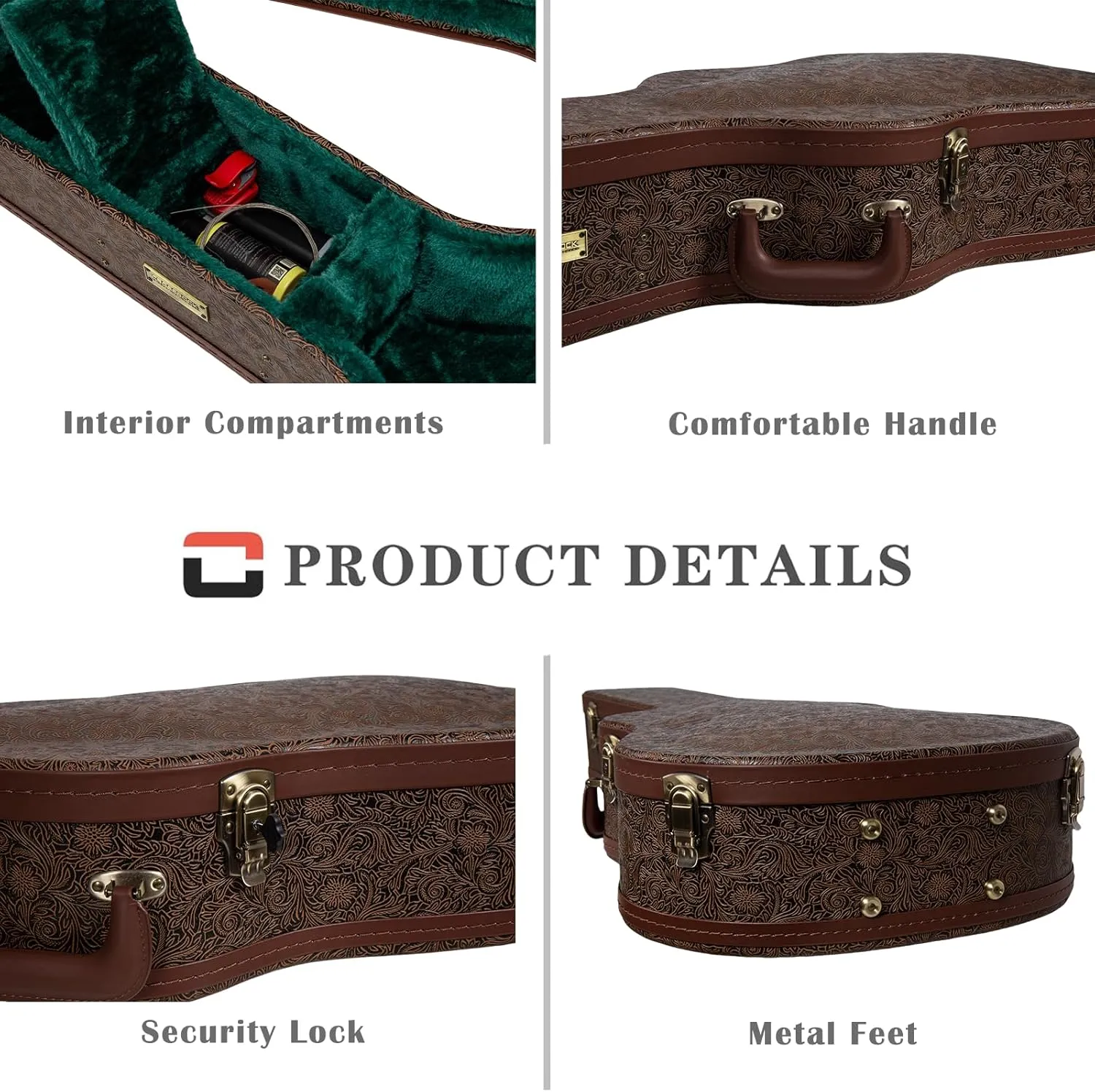 Crossrock Wooden Dreadnought Guitar Case for Martin D-28 / Taylor Grand Auditorium | Blossom Brown Faux Leather, Forest Green Velvet Interior, Lock – Designer Series