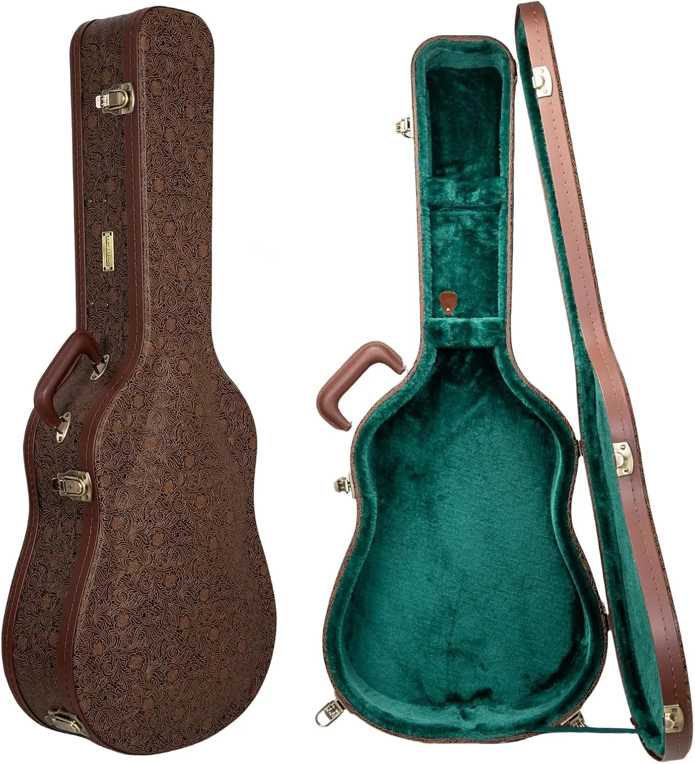 Crossrock Wooden Dreadnought Guitar Case for Martin D-28 / Taylor Grand Auditorium | Blossom Brown Faux Leather, Forest Green Velvet Interior, Lock – Designer Series