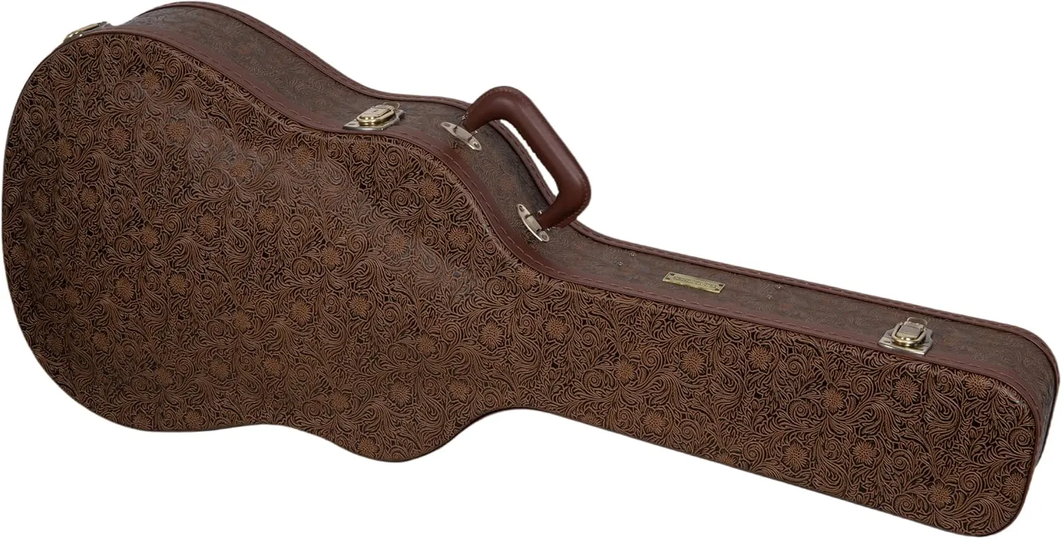 Crossrock Wooden Dreadnought Guitar Case for Martin D-28 / Taylor Grand Auditorium | Blossom Brown Faux Leather, Forest Green Velvet Interior, Lock – Designer Series
