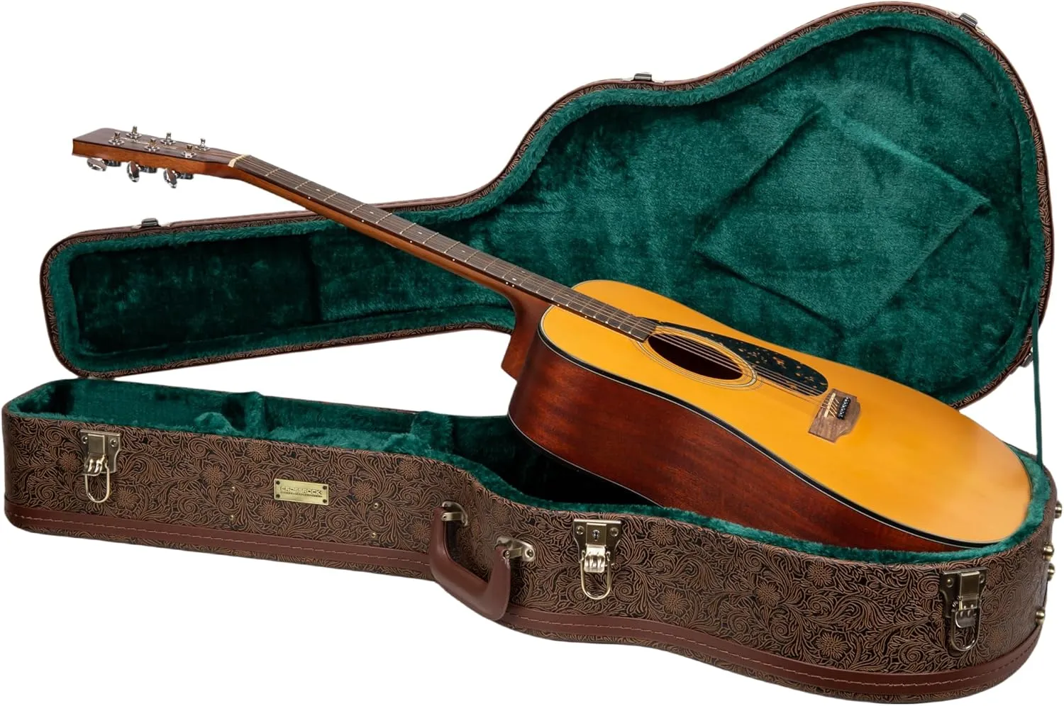 Crossrock Wooden Dreadnought Guitar Case for Martin D-28 / Taylor Grand Auditorium | Blossom Brown Faux Leather, Forest Green Velvet Interior, Lock – Designer Series