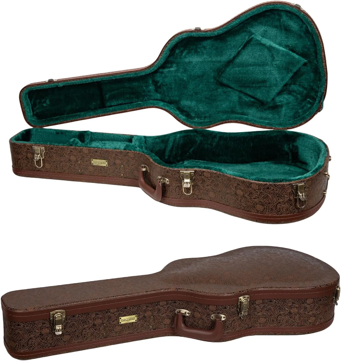 Crossrock Wooden Dreadnought Guitar Case for Martin D-28 / Taylor Grand Auditorium | Blossom Brown Faux Leather, Forest Green Velvet Interior, Lock – Designer Series