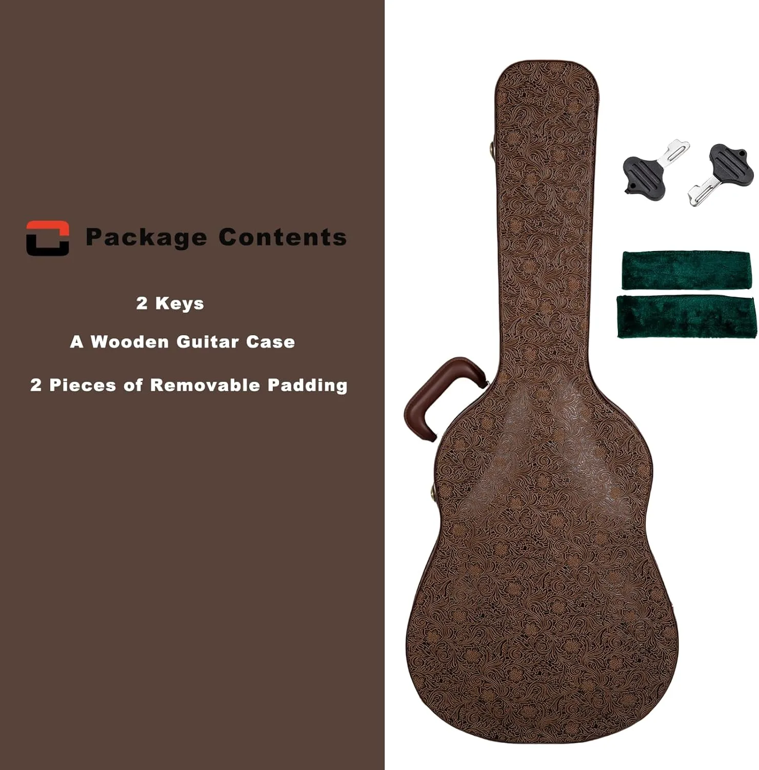 Crossrock Wooden Dreadnought Guitar Case for Martin D-28 / Taylor Grand Auditorium | Blossom Brown Faux Leather, Forest Green Velvet Interior, Lock – Designer Series