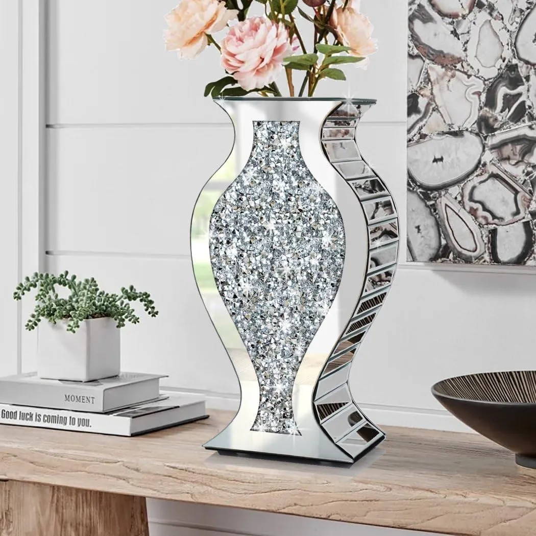 Crushed Diamond Mirror Vase Crystal Silver Glass Stunning Decorative Vase Flower Luxury for Home Décor. Can’t Hold Water.