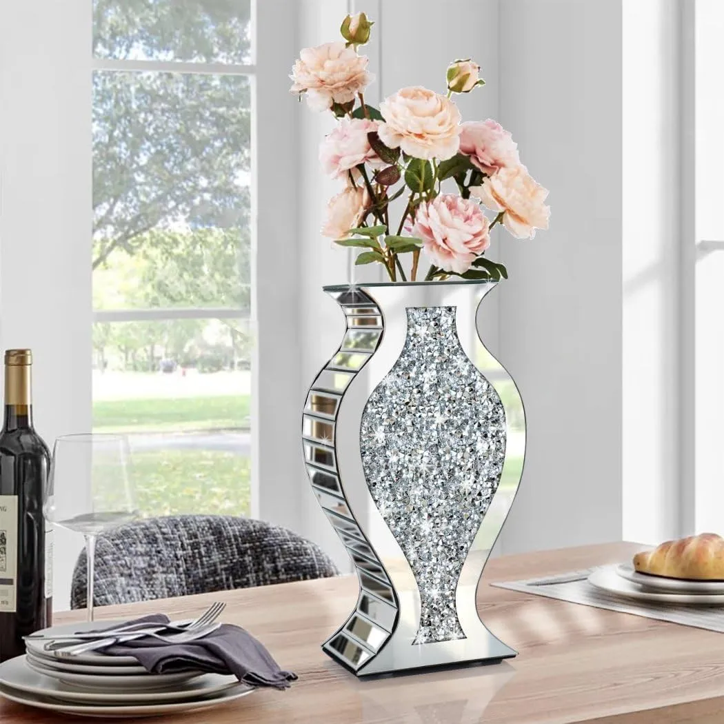 Crushed Diamond Mirror Vase Crystal Silver Glass Stunning Decorative Vase Flower Luxury for Home Décor. Can’t Hold Water.