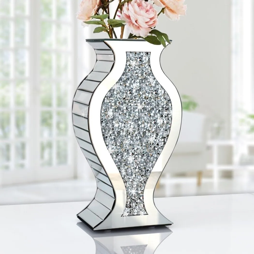 Crushed Diamond Mirror Vase Crystal Silver Glass Stunning Decorative Vase Flower Luxury for Home Décor. Can’t Hold Water.