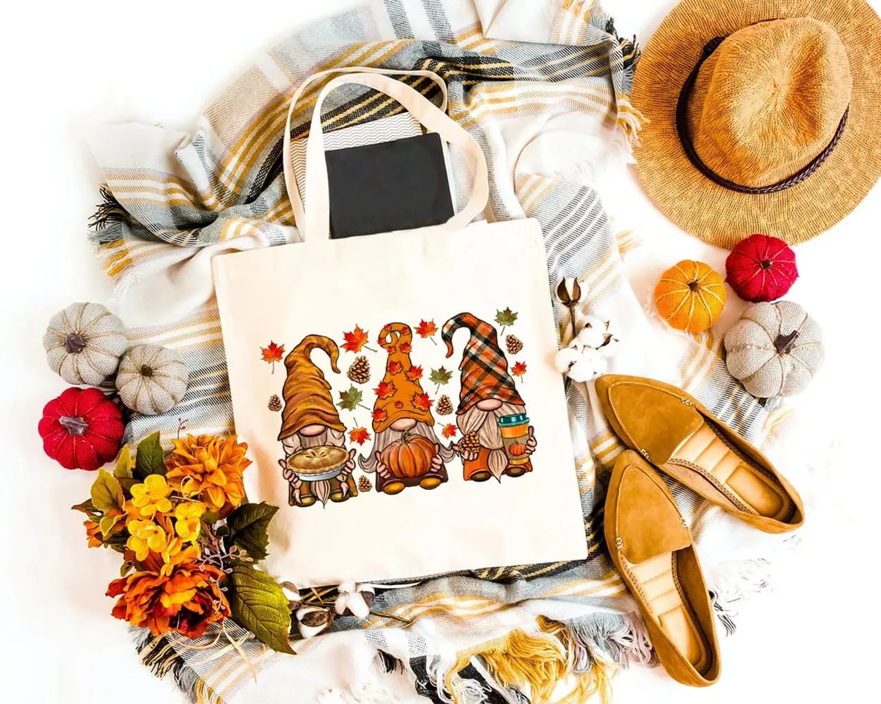 Cute Fall Gnomes Canvas Tote Bag for Women Aesthetic Autumn Leaves Pumpkin Reusable Grocery Bag Thanksgiving Day Gift