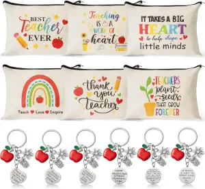 CY2SIDE Teacher Appreciation Gifts Set - 6 Style Thank Teacher Theme Survival Kit Bohemian Rainbow Cosmetic Bag with Zipper and 6PCS Apple Key Chains Appreciation Key Ring Thank You Gifts for Teacher