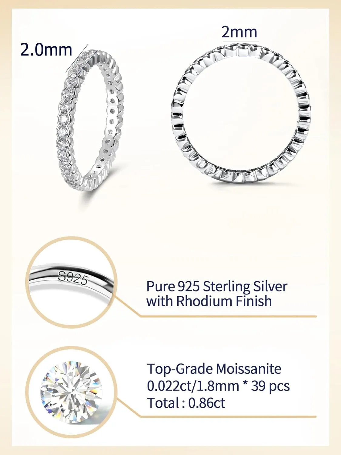 D Color VVS1 Clarity Moissanite Hand Setting Eternity Rings for Women, Solid 925 Sterling Silver Rhodium Finish, Stackable Ring, Wedding Birthday Valentines Anniversary Mothers Day Ideal Gift for Her