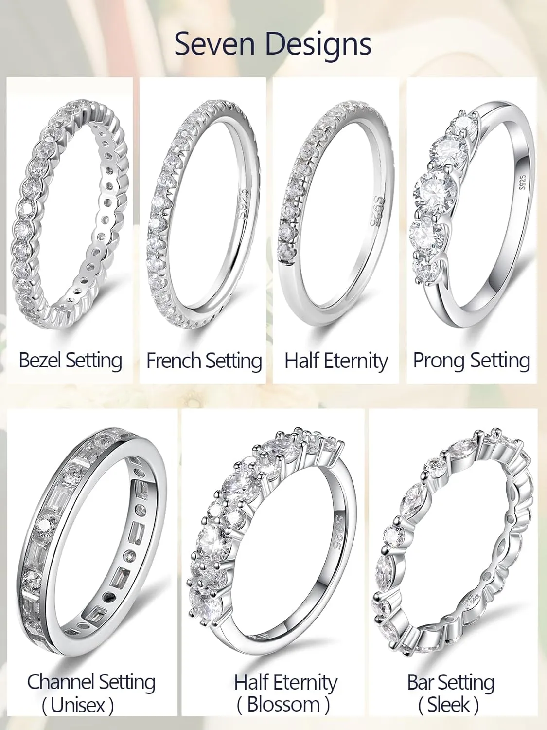 D Color VVS1 Clarity Moissanite Hand Setting Eternity Rings for Women, Solid 925 Sterling Silver Rhodium Finish, Stackable Ring, Wedding Birthday Valentines Anniversary Mothers Day Ideal Gift for Her