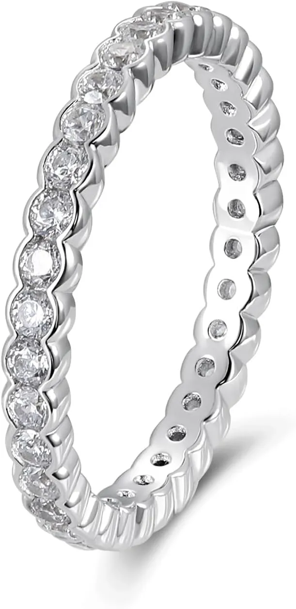 D Color VVS1 Clarity Moissanite Hand Setting Eternity Rings for Women, Solid 925 Sterling Silver Rhodium Finish, Stackable Ring, Wedding Birthday Valentines Anniversary Mothers Day Ideal Gift for Her