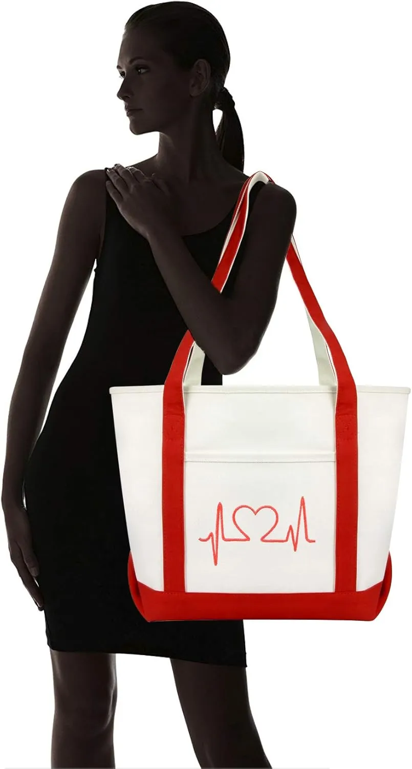 DALIX Heartbeat Embroidered Premium Cotton Canvas RN Nurse Tote Bag in Red