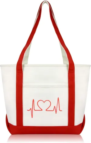 DALIX Heartbeat Embroidered Premium Cotton Canvas RN Nurse Tote Bag in Red