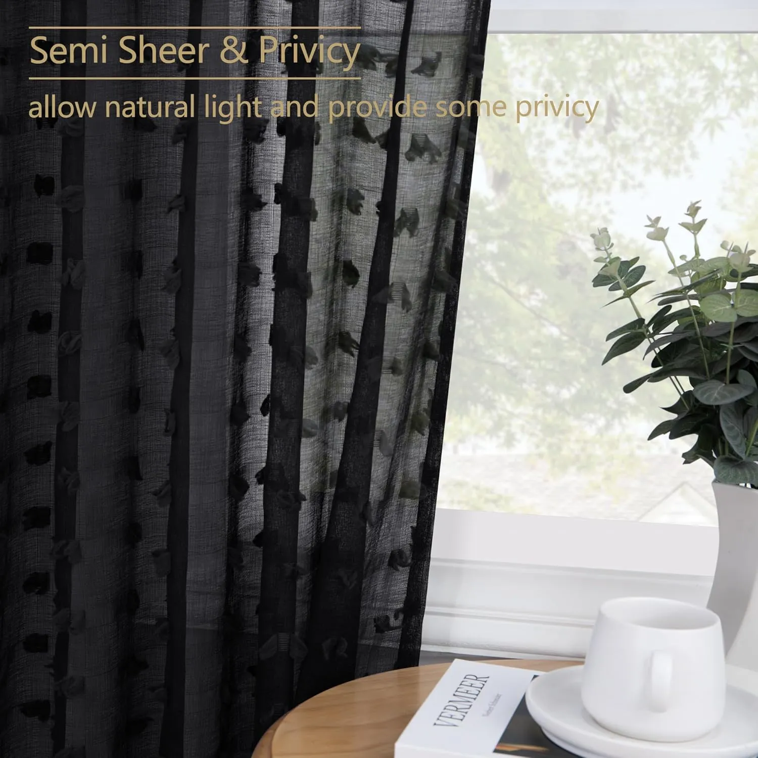 DANCURTON Black Sheer Curtains for Small Window Bedroom 63 Inch Length 2 Panels Pom Pom Tufted Design Boho Modern Chic Semi Sheer Black Curtains for Nursery Girls Kids Room Back Tab Rod Pocket 52x63