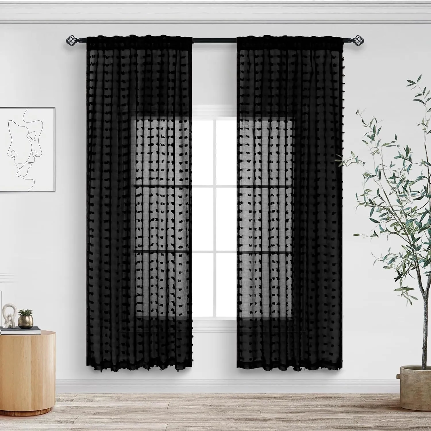 DANCURTON Black Sheer Curtains for Small Window Bedroom 63 Inch Length 2 Panels Pom Pom Tufted Design Boho Modern Chic Semi Sheer Black Curtains for Nursery Girls Kids Room Back Tab Rod Pocket 52x63