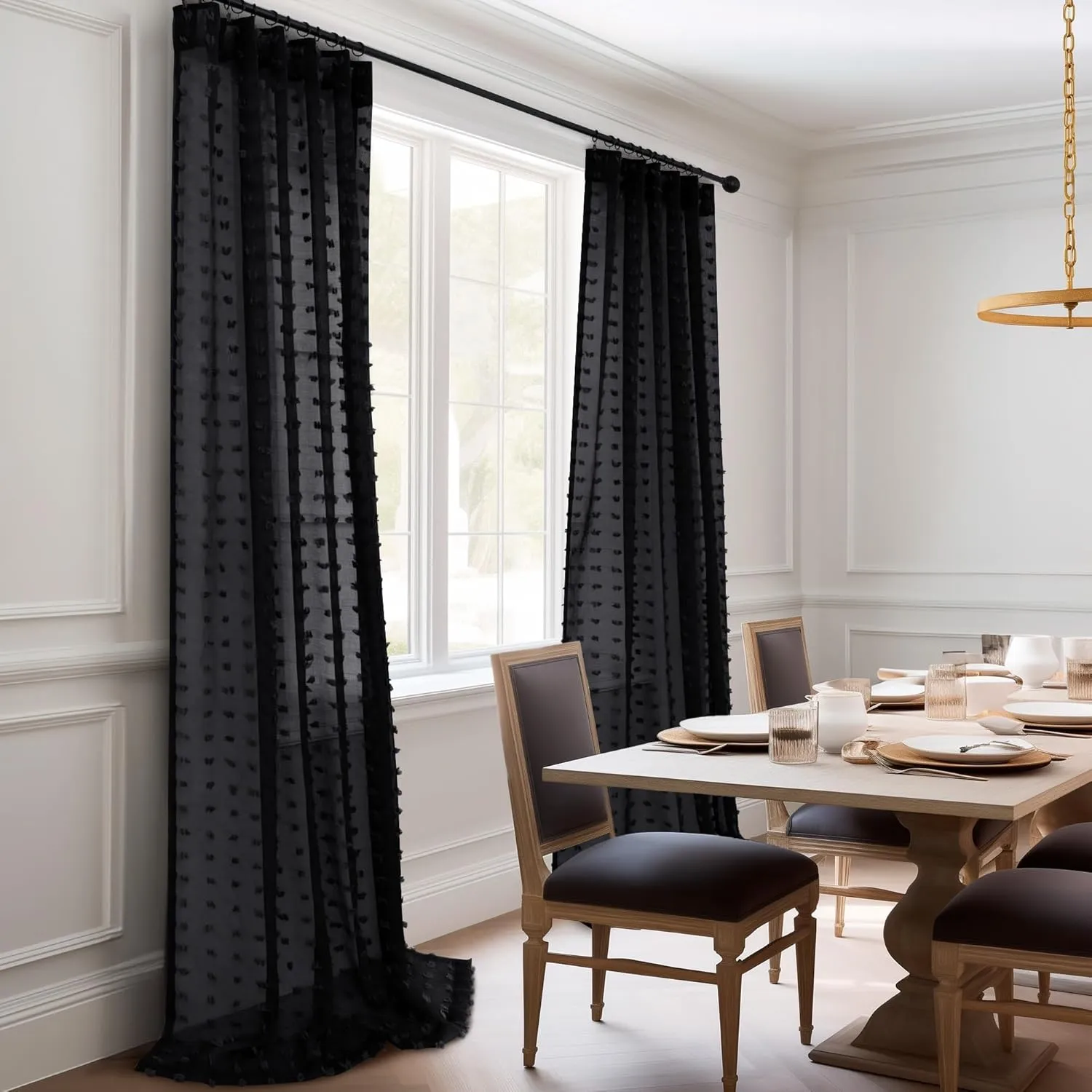 DANCURTON Black Sheer Curtains for Small Window Bedroom 63 Inch Length 2 Panels Pom Pom Tufted Design Boho Modern Chic Semi Sheer Black Curtains for Nursery Girls Kids Room Back Tab Rod Pocket 52x63