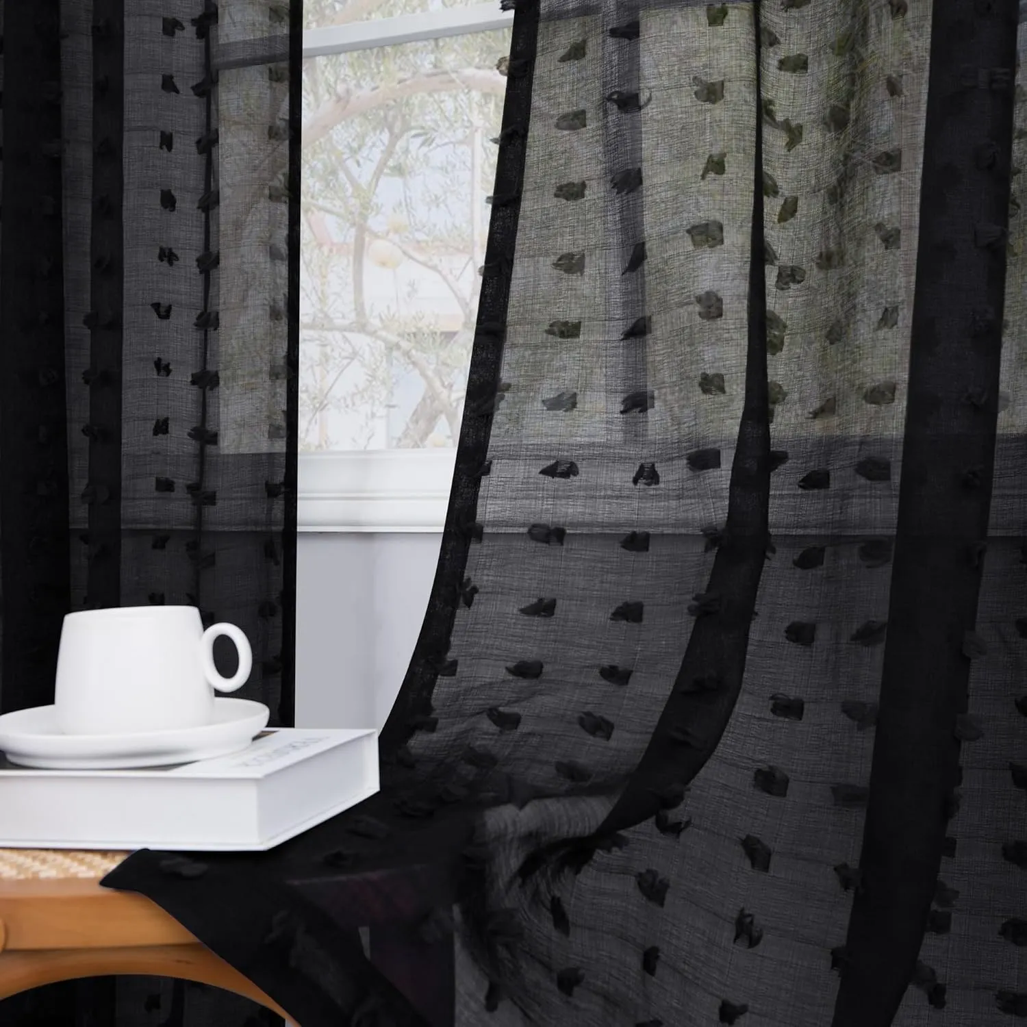 DANCURTON Black Sheer Curtains for Small Window Bedroom 63 Inch Length 2 Panels Pom Pom Tufted Design Boho Modern Chic Semi Sheer Black Curtains for Nursery Girls Kids Room Back Tab Rod Pocket 52x63