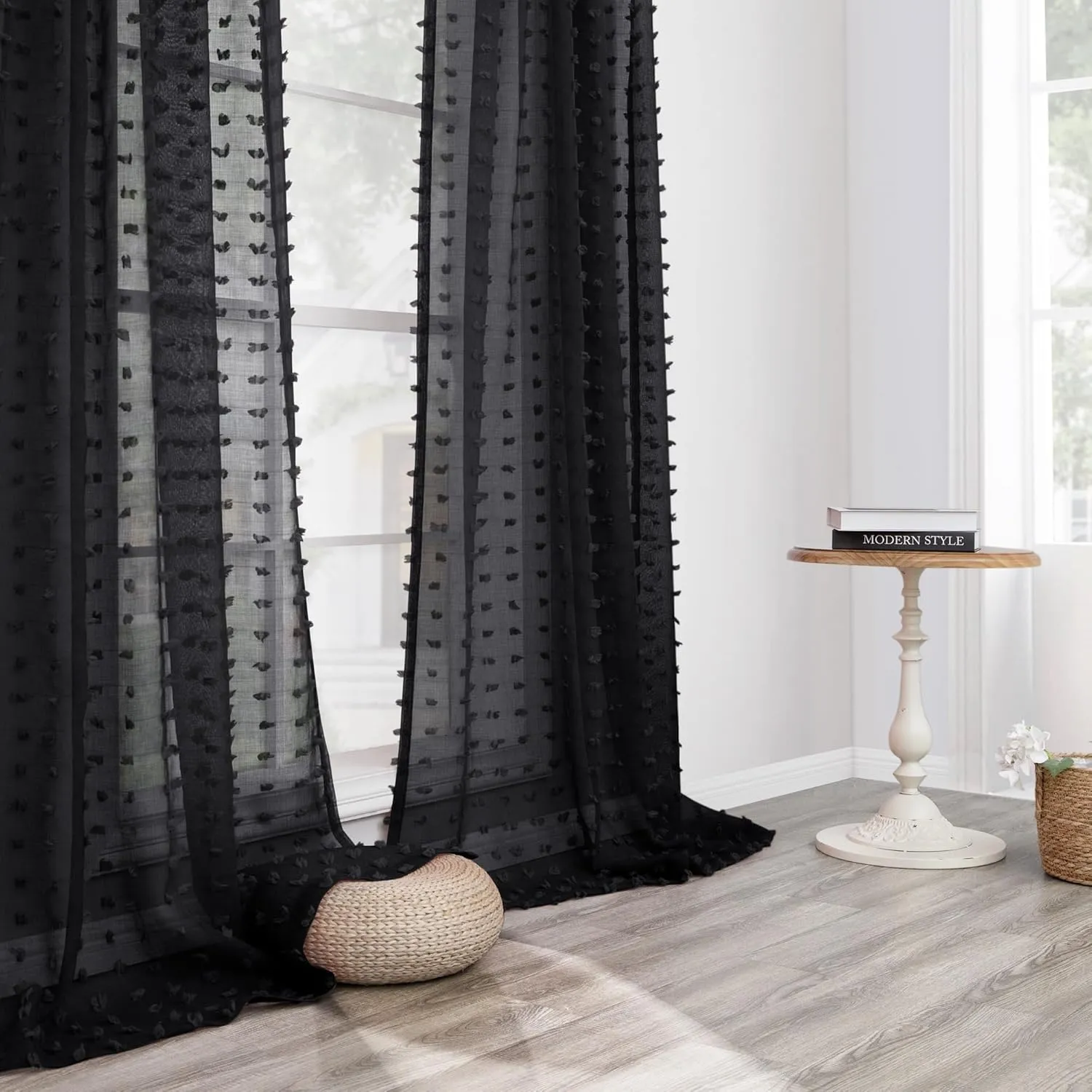 DANCURTON Black Sheer Curtains for Small Window Bedroom 63 Inch Length 2 Panels Pom Pom Tufted Design Boho Modern Chic Semi Sheer Black Curtains for Nursery Girls Kids Room Back Tab Rod Pocket 52x63