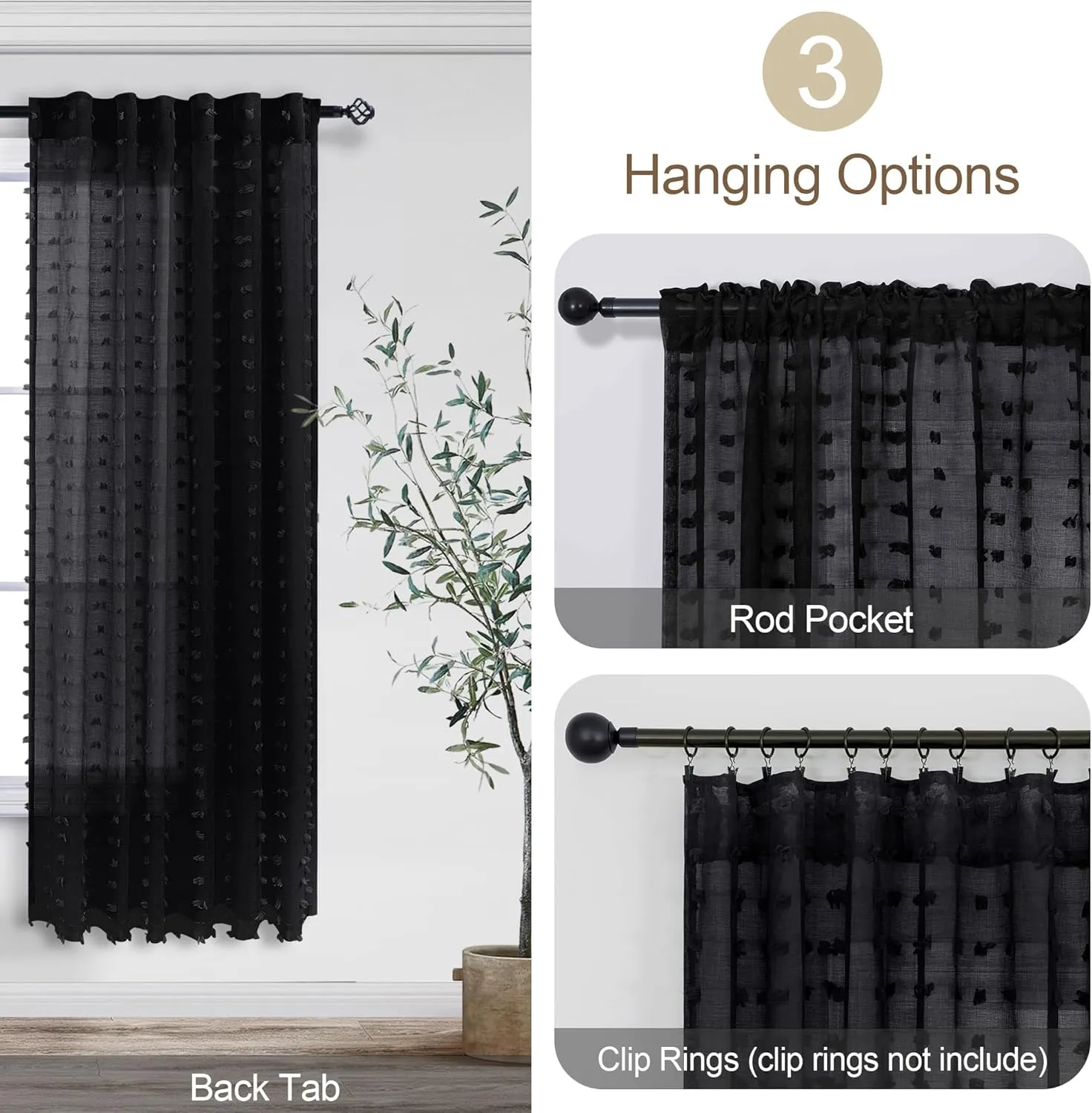 DANCURTON Black Sheer Curtains for Small Window Bedroom 63 Inch Length 2 Panels Pom Pom Tufted Design Boho Modern Chic Semi Sheer Black Curtains for Nursery Girls Kids Room Back Tab Rod Pocket 52x63
