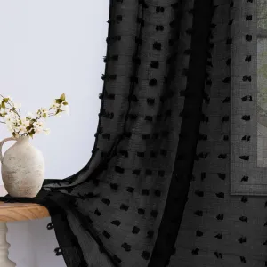 DANCURTON Black Sheer Curtains for Small Window Bedroom 63 Inch Length 2 Panels Pom Pom Tufted Design Boho Modern Chic Semi Sheer Black Curtains for Nursery Girls Kids Room Back Tab Rod Pocket 52x63